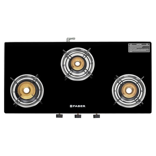 Faber 3 Burner 77cm Cooktop | Black Glass Top | 3 Brass Burners (1 Jumbo + 1 Medium + 1 Small) | SS Drip Tray | Powder Coated Pan Support | COOKTOP SPARK 3BB BK